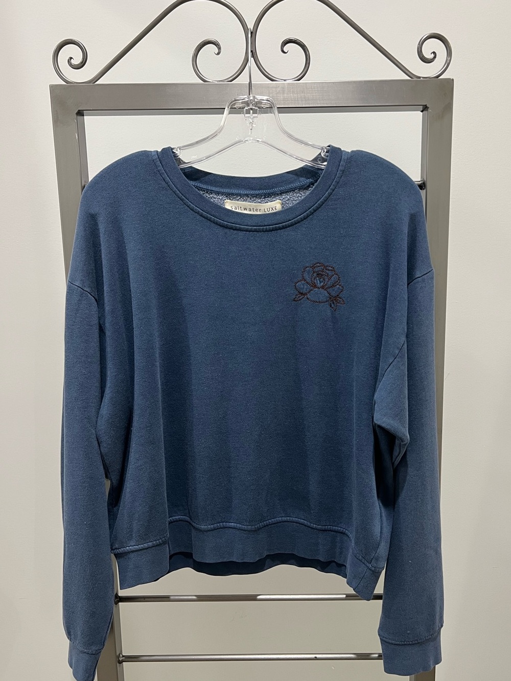 saltwater LUXE Navy Crewneck Sweatshirt with Rose Embroidery